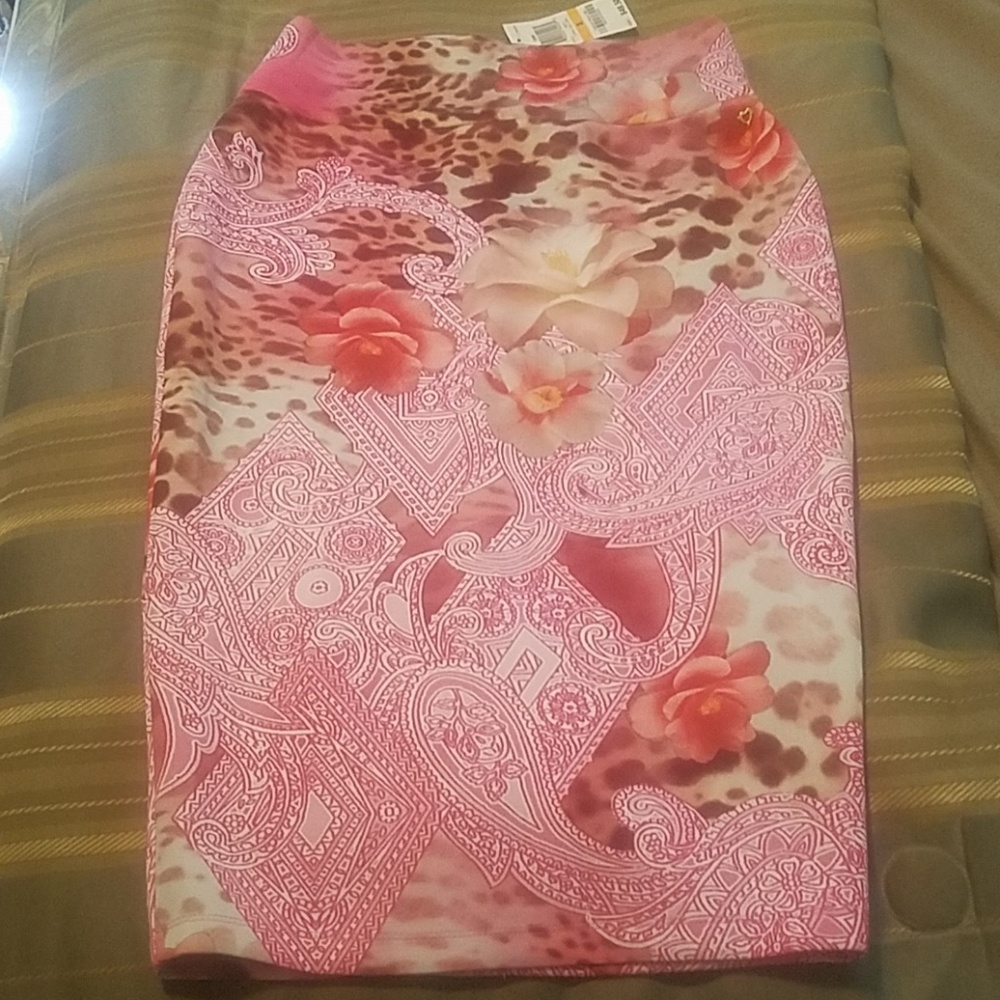 Pink floral & leopard print pencil skirt